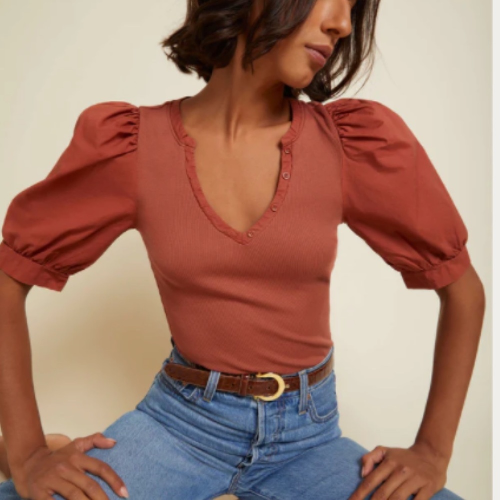 NATION LTD NATALIE Rib body Puffed Cotton Poplin sleeve in Size S.